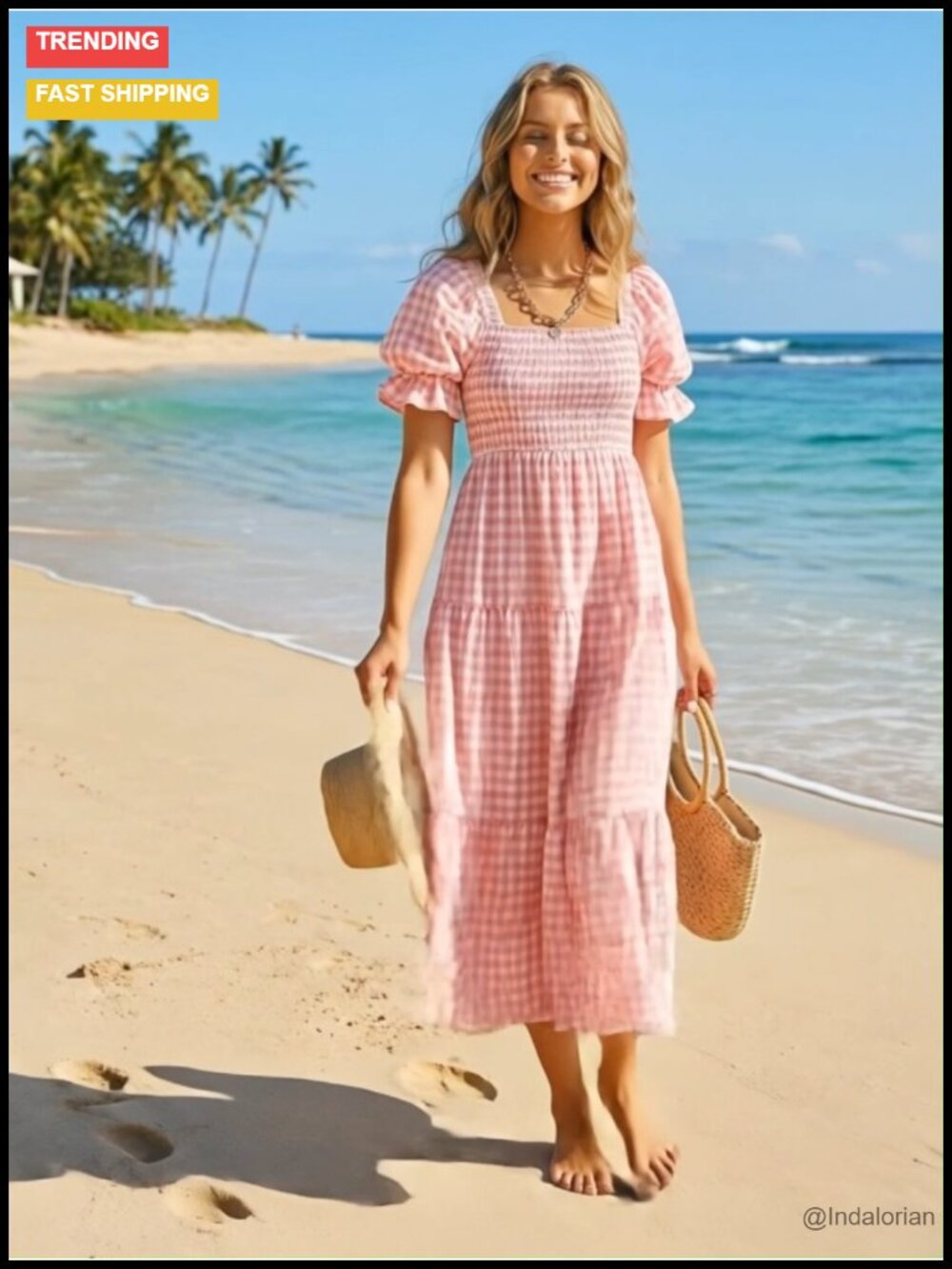 Boho Midi Dress Puff Sleeve Square Neck Flowy Beach Casual - Picture 6 of 6